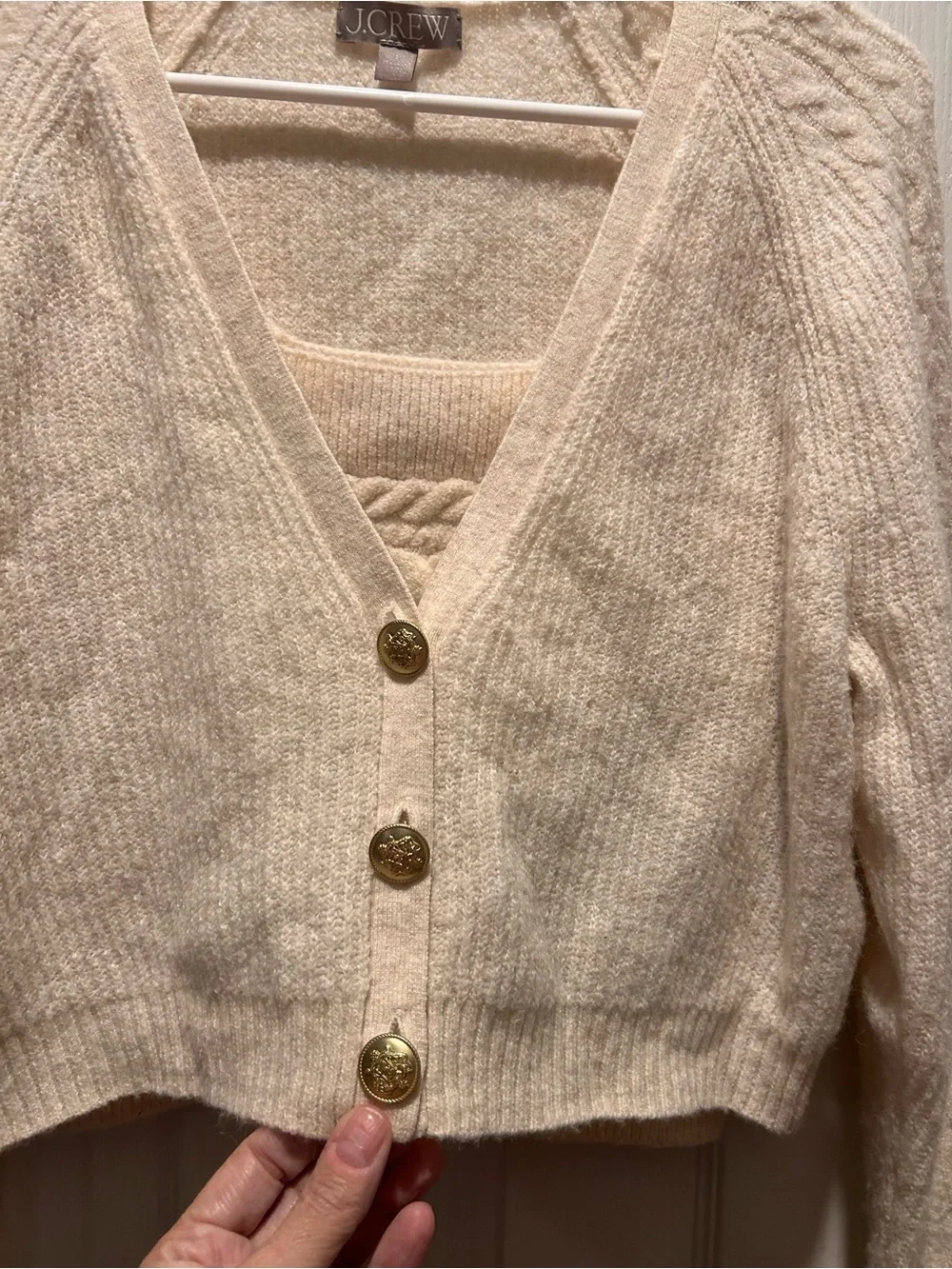 J. Crew Cream Cable-Detail Button Cardigan with matching tank top sweater